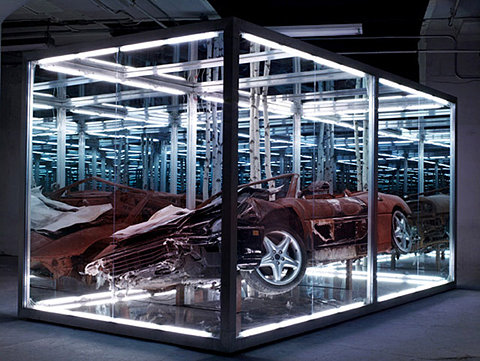 0921-car-crashed-display-case-hall-mirrors-green-black-landscape-image-reference-only.jpg